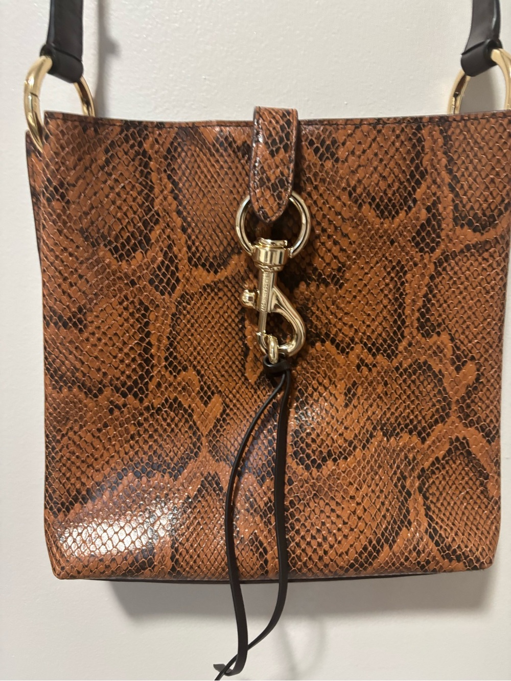 Brown Snake-Print Crossbody Bag with Gold Hardware
